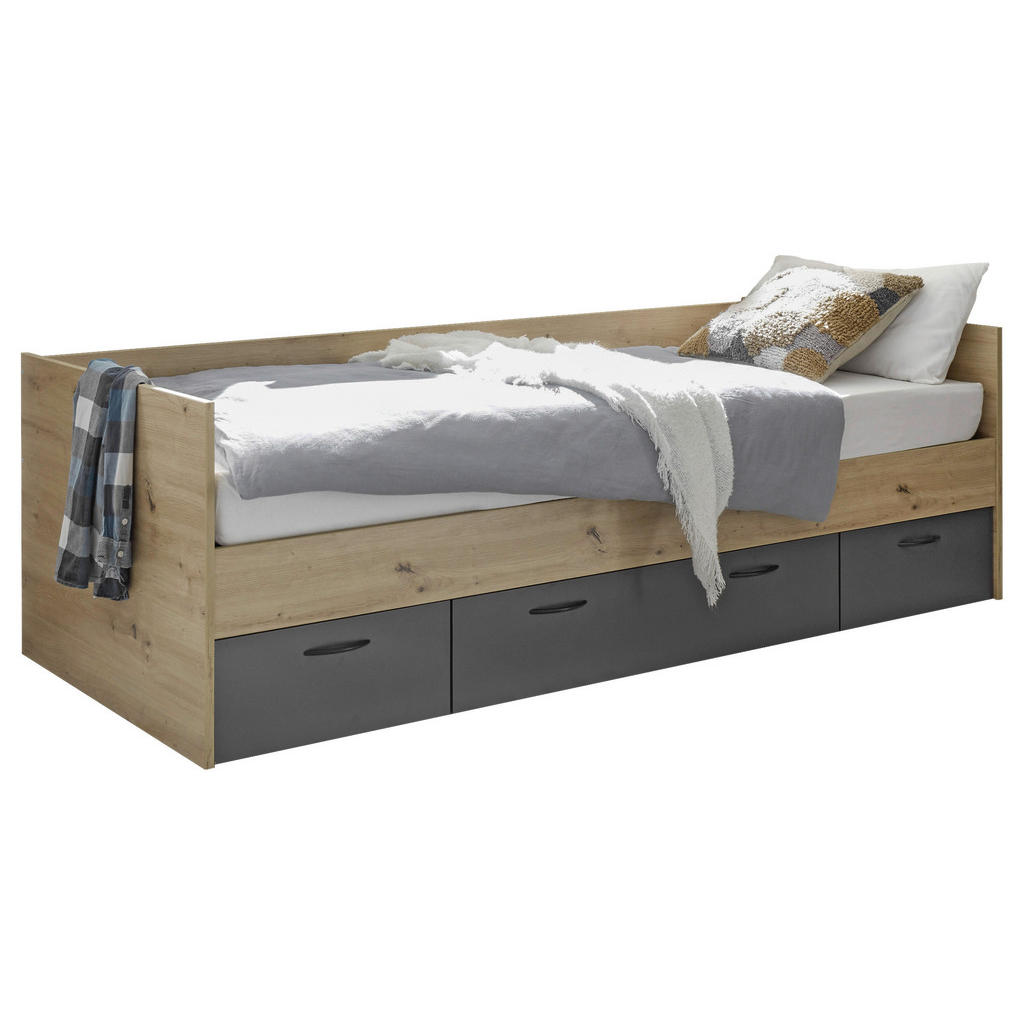 BED 90 cm x 200 cm, grafietkleurig houtmateriaal, ambachtelijk eikenhout