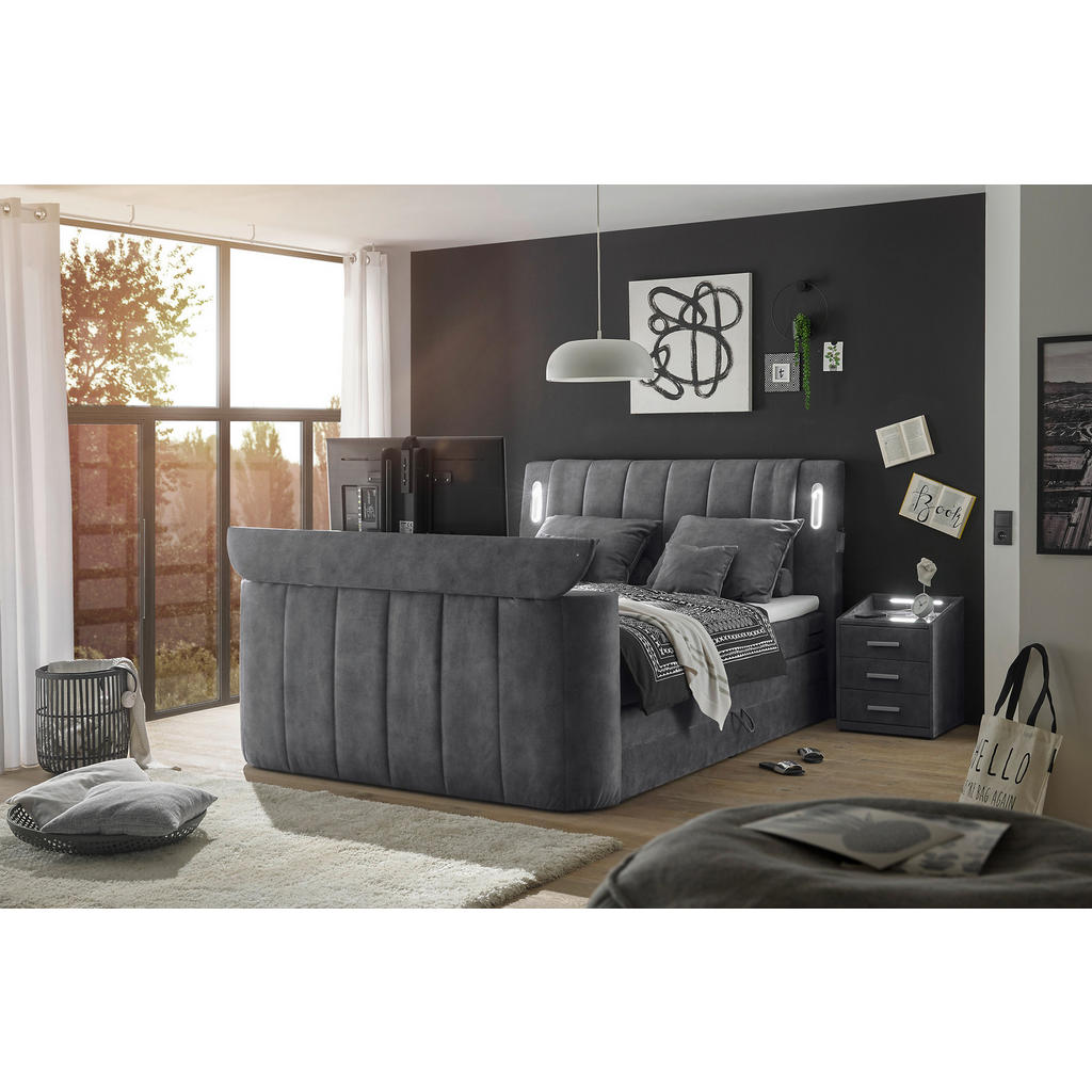 BOXSPRINGBED 180 cm x 200 cm, textiel, houtmateriaal antraciet
