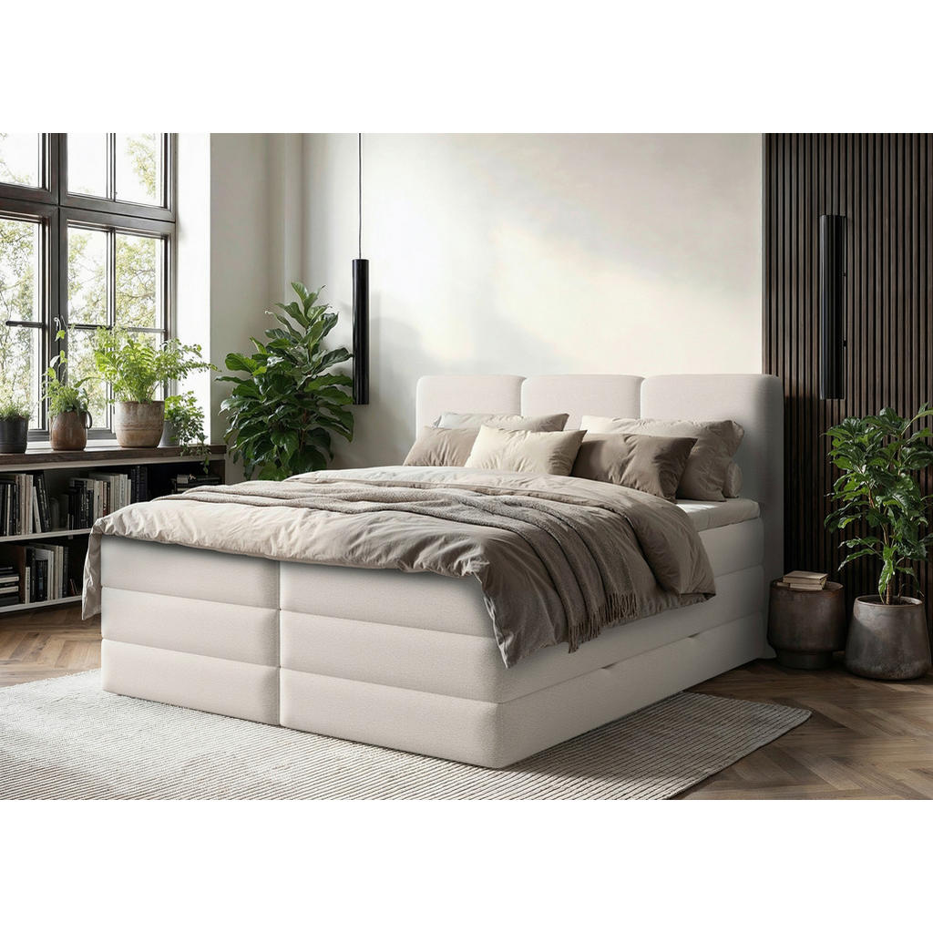 BOXSPRING BED 180 cm x 200 cm, textiel, houtmateriaal, wit hout