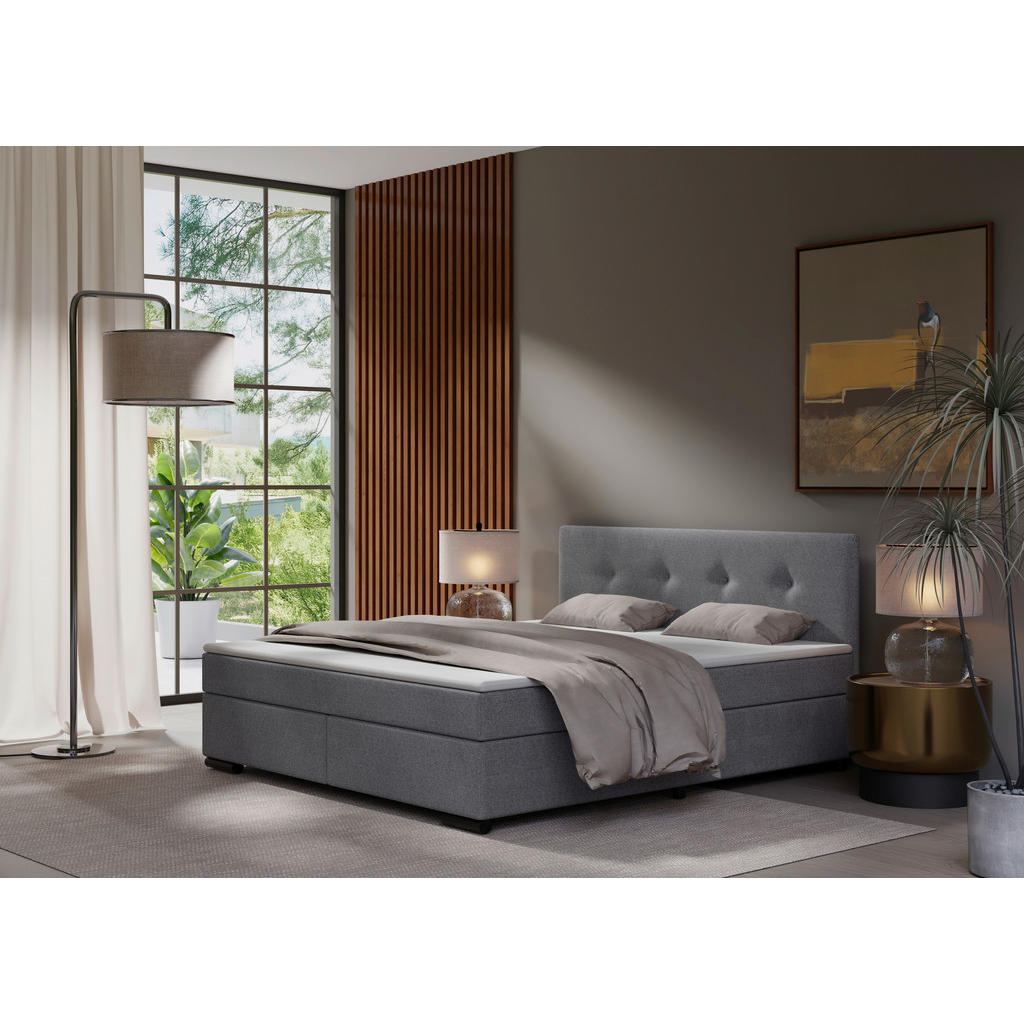 BOXSPRING BED 160 cm x 200 cm, wood, textile, light gray cardboard