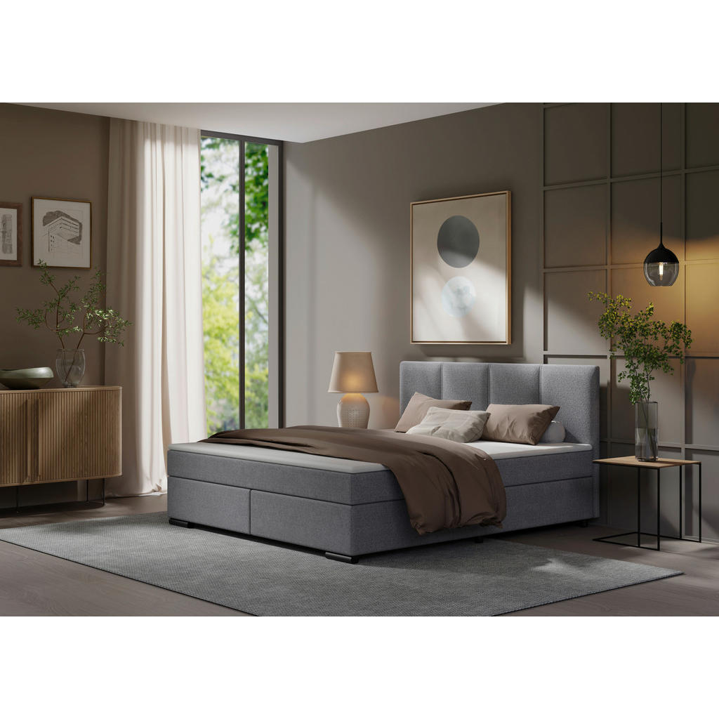 BOXSPRING BED 160 cm x 200 cm, wood, textile, light gray cardboard
