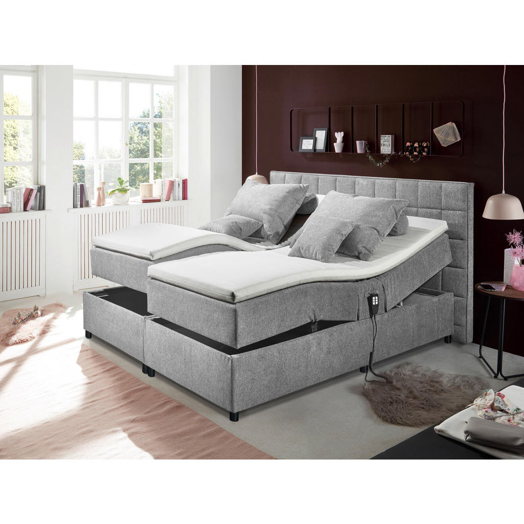 BOXSPRINGBED 180 cm x 200 cm, textiel, lichtgrijs houtmateriaal