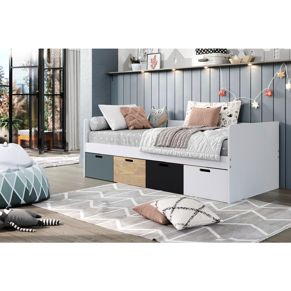 BED MET LADE 90,0 cm x 200,0 cm, grijs, natuurlijke kleur, zwart