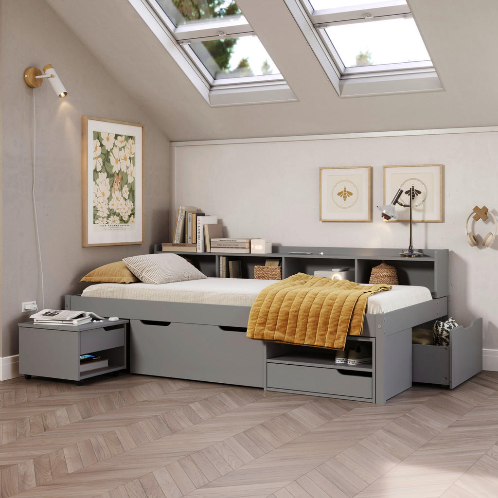 BED MET LADE 90 cm x 200 cm, grijs