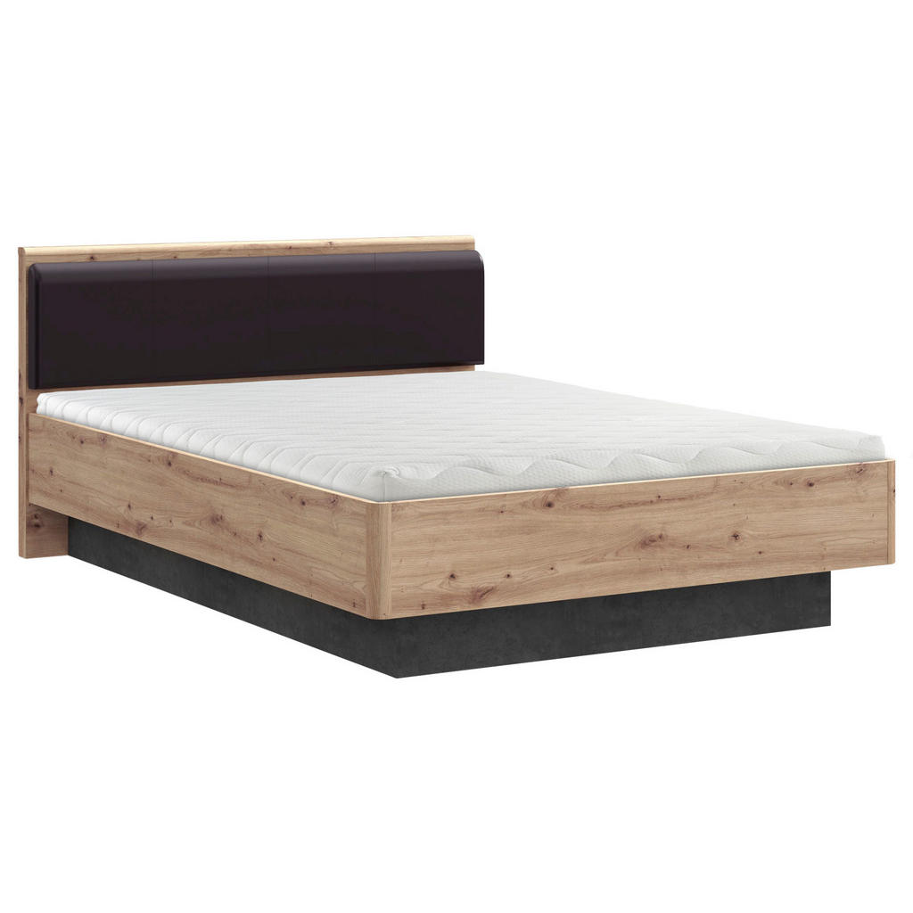 BED 120 cm x 200 cm, houtmateriaal zwart, donkergrijs, ambachtelijk eiken