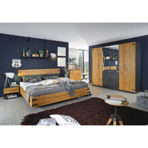 BED 180 cm x 200 cm, kunststof, houtmateriaal donkergrijs, ambachtelijk eiken
