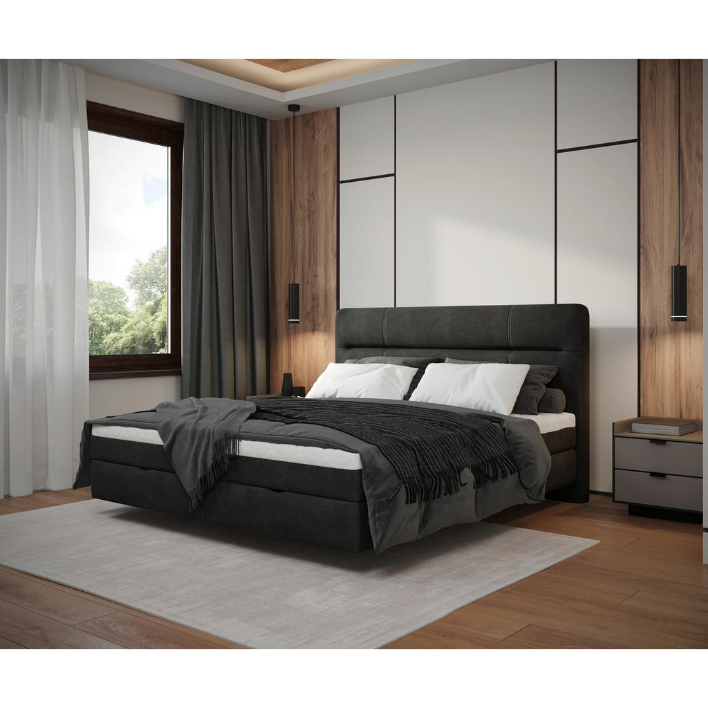 BED MET MATRAS 180 cm x 200 cm, hout, textiel, houtmateriaal antraciet
