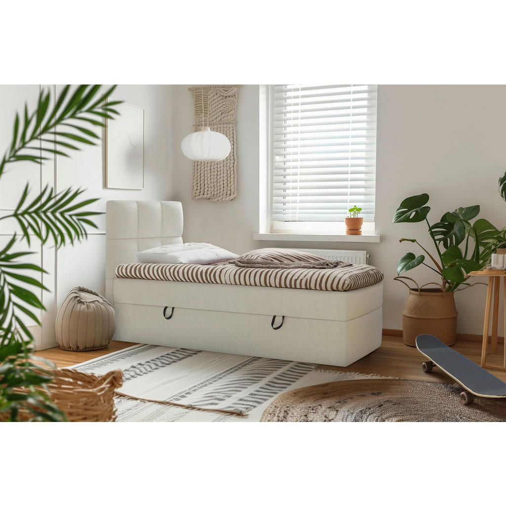 BED MET MATRAS 90 cm x 200 cm, hout, textiel, houten materiaal wit