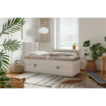 BED MET MATRAS 90 cm x 200 cm, hout, textiel, houten materiaal crèmekleur thumbnail 1