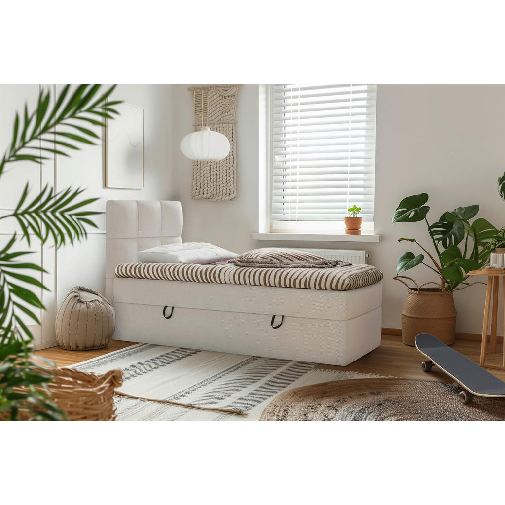 BED MET MATRAS 90 cm x 200 cm, hout, textiel, houten materiaal crèmekleur