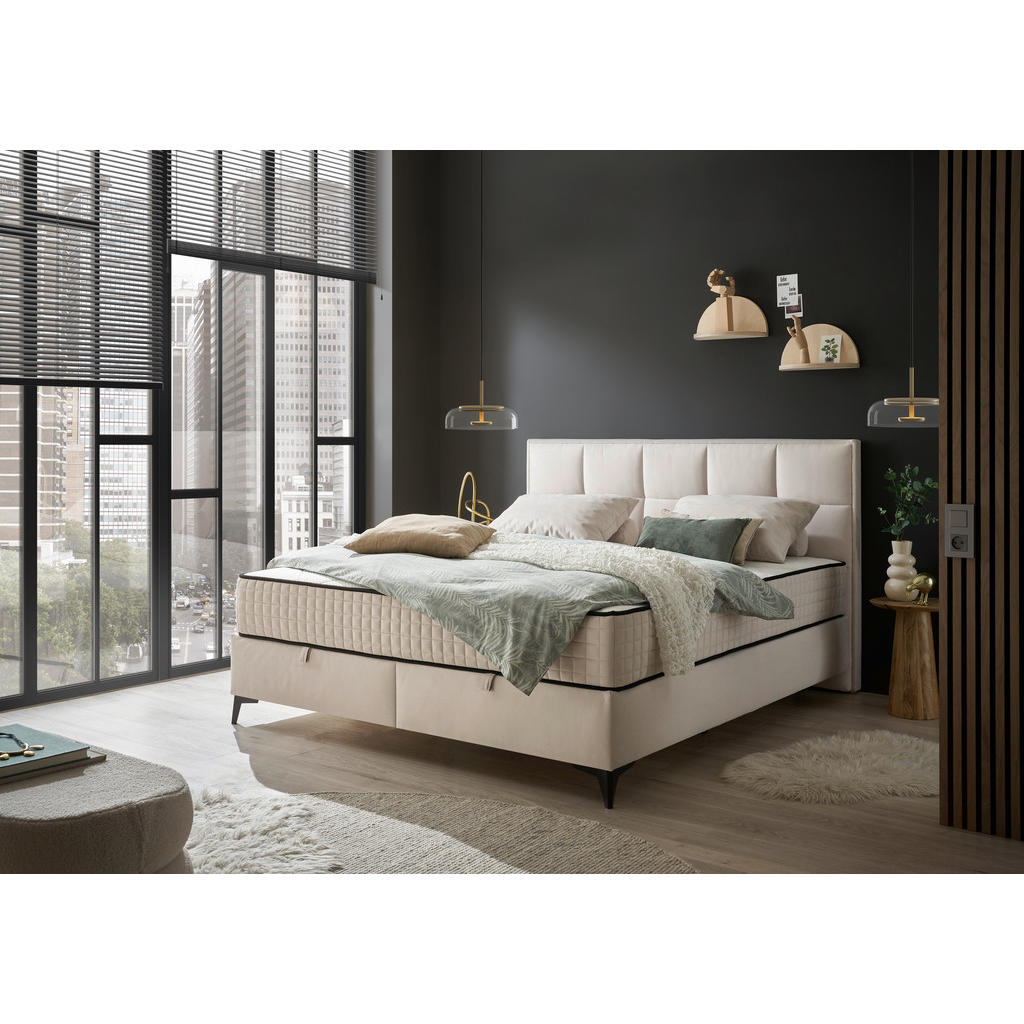 BED MET MATRAS 180 cm x 200 cm, textiel, houtmateriaal, crèmekleur