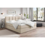 BED MET MATRAS 200 cm x 220 cm, hout, textiel, houten materiaal crèmekleur thumbnail 1