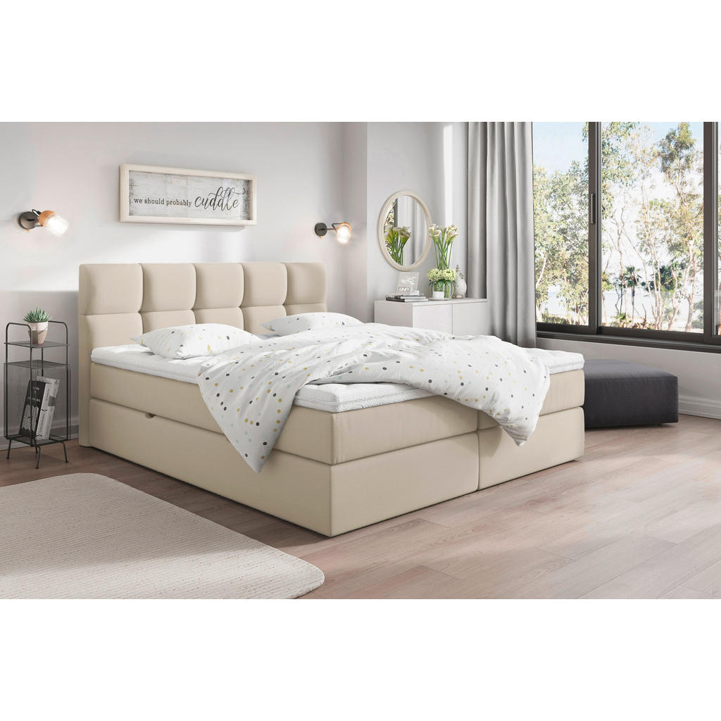 BED MET MATRAS 200 cm x 220 cm, hout, textiel, houten materiaal crèmekleur