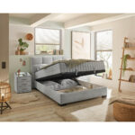 BED MET MATRAS 140 cm x 200 cm, textiel, materiaal hout lichtgrijs thumbnail 5