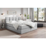 BED MET MATRAS 200 cm x 220 cm, hout, textiel, houtmateriaal lichtgrijs thumbnail 1