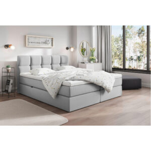BED MET MATRAS 200 cm x 220 cm, hout, textiel, houtmateriaal lichtgrijs