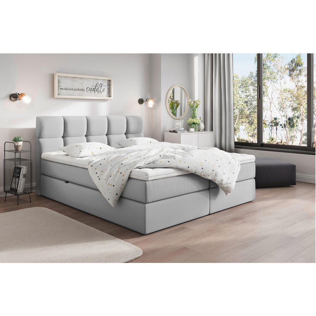 BED MET MATRAS 200 cm x 220 cm, hout, textiel, houtmateriaal lichtgrijs