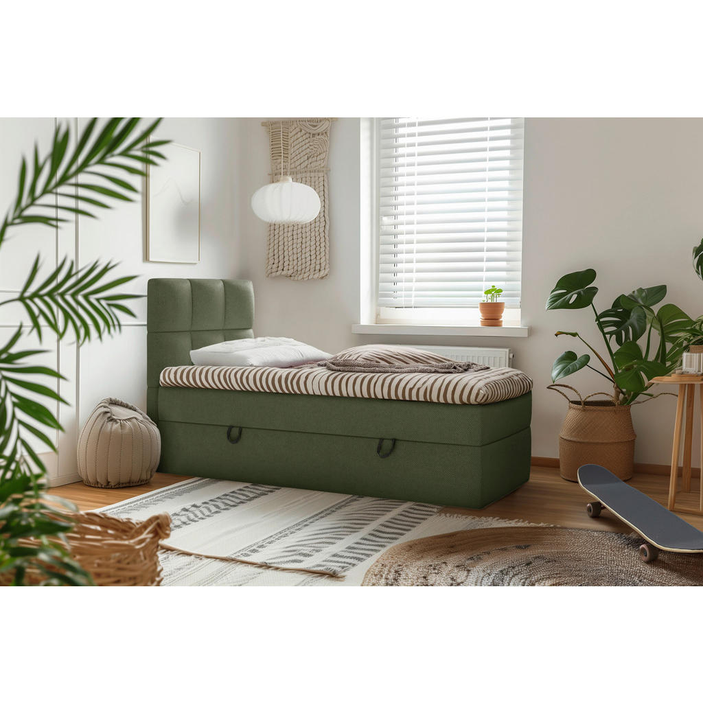 BED MET MATRAS 90 cm x 200 cm, hout, textiel, houtmateriaal donkergroen