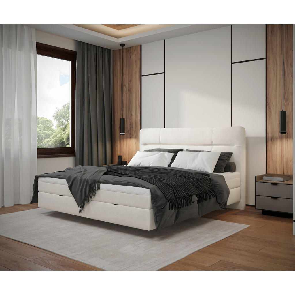 BED MET MATRAS 140 cm x 200 cm, hout, textiel, houten materiaal crèmekleur