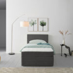 BED MET MATRAS 100 cm x 200 cm, hout, grijs textiel thumbnail 1