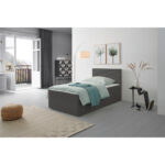 BED MET MATRAS 100 cm x 200 cm, hout, grijs textiel thumbnail 3