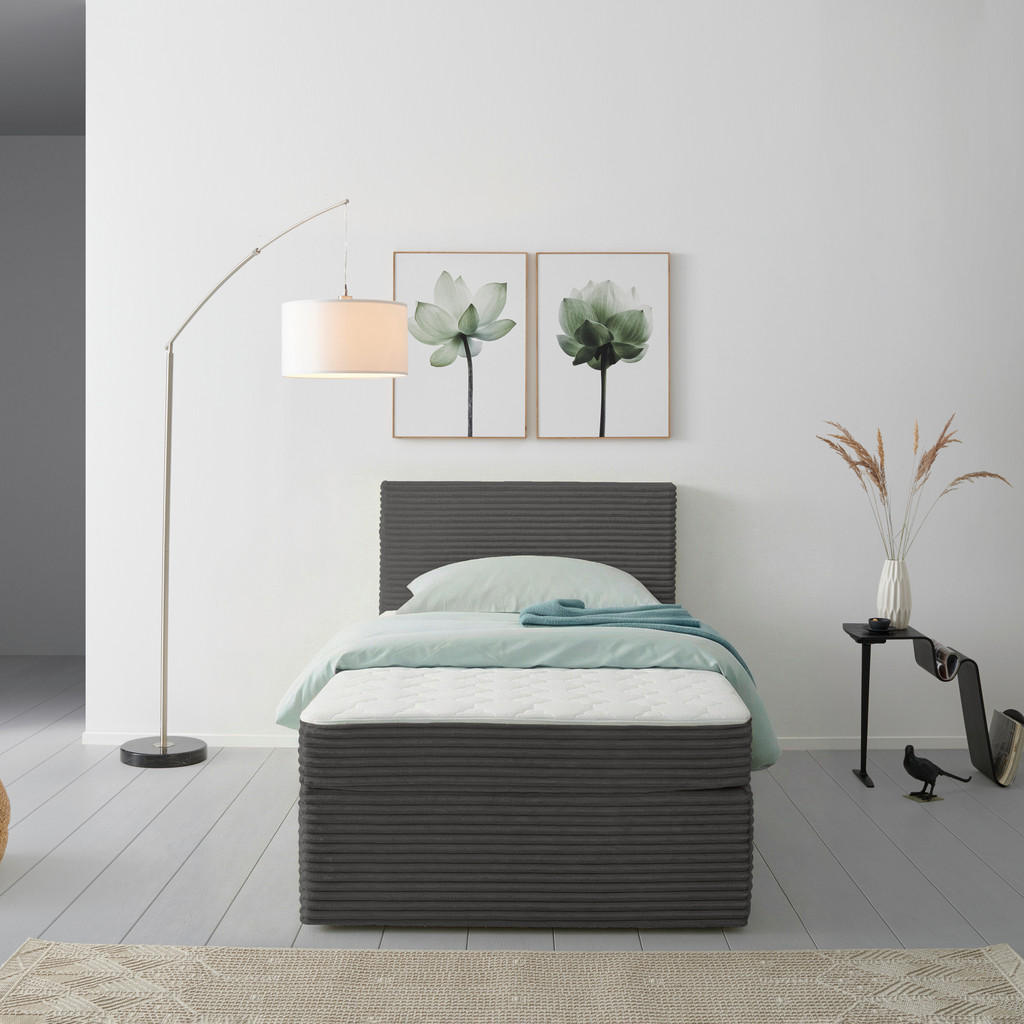 BED MET MATRAS 100 cm x 200 cm, hout, grijs textiel
