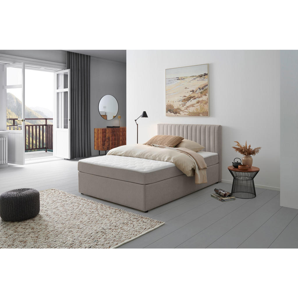 BED MET MATRAS x , hout, lichtgrijs textiel