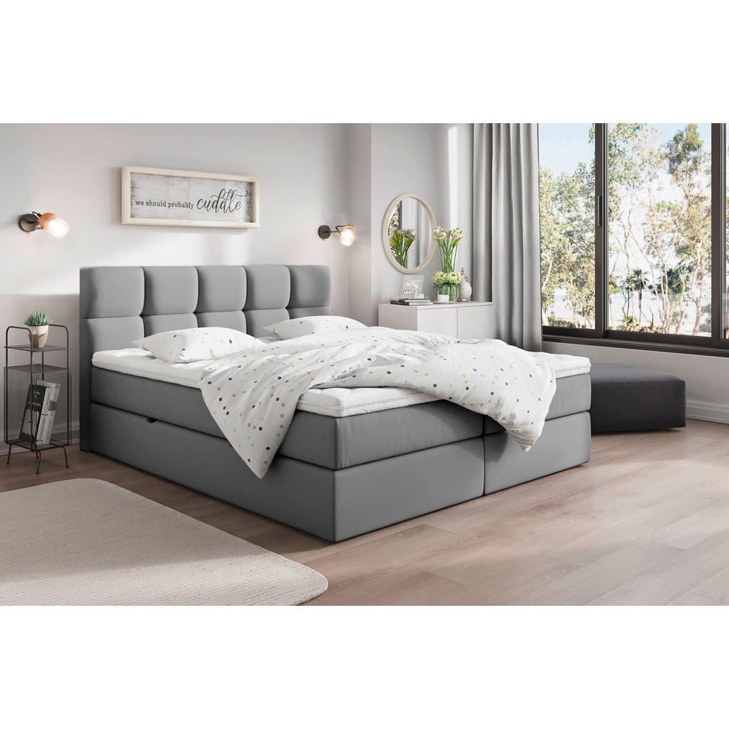 BED MET MATRAS 200 cm x 220 cm, hout, textiel, houtmateriaal donkergrijs