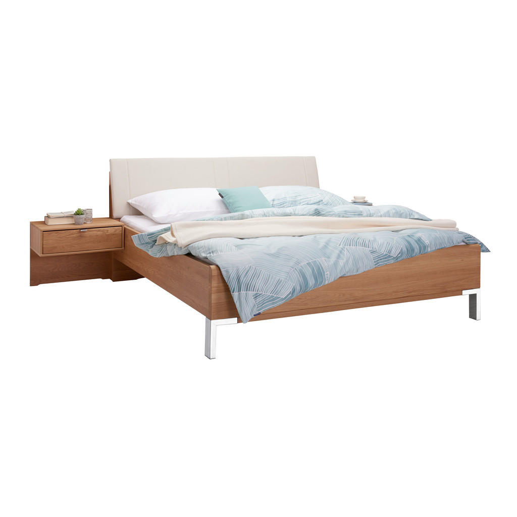 BEDDENSET 180 cm x 200 cm, hout, textiel, houtmateriaal eikenkleur, champagnekleur