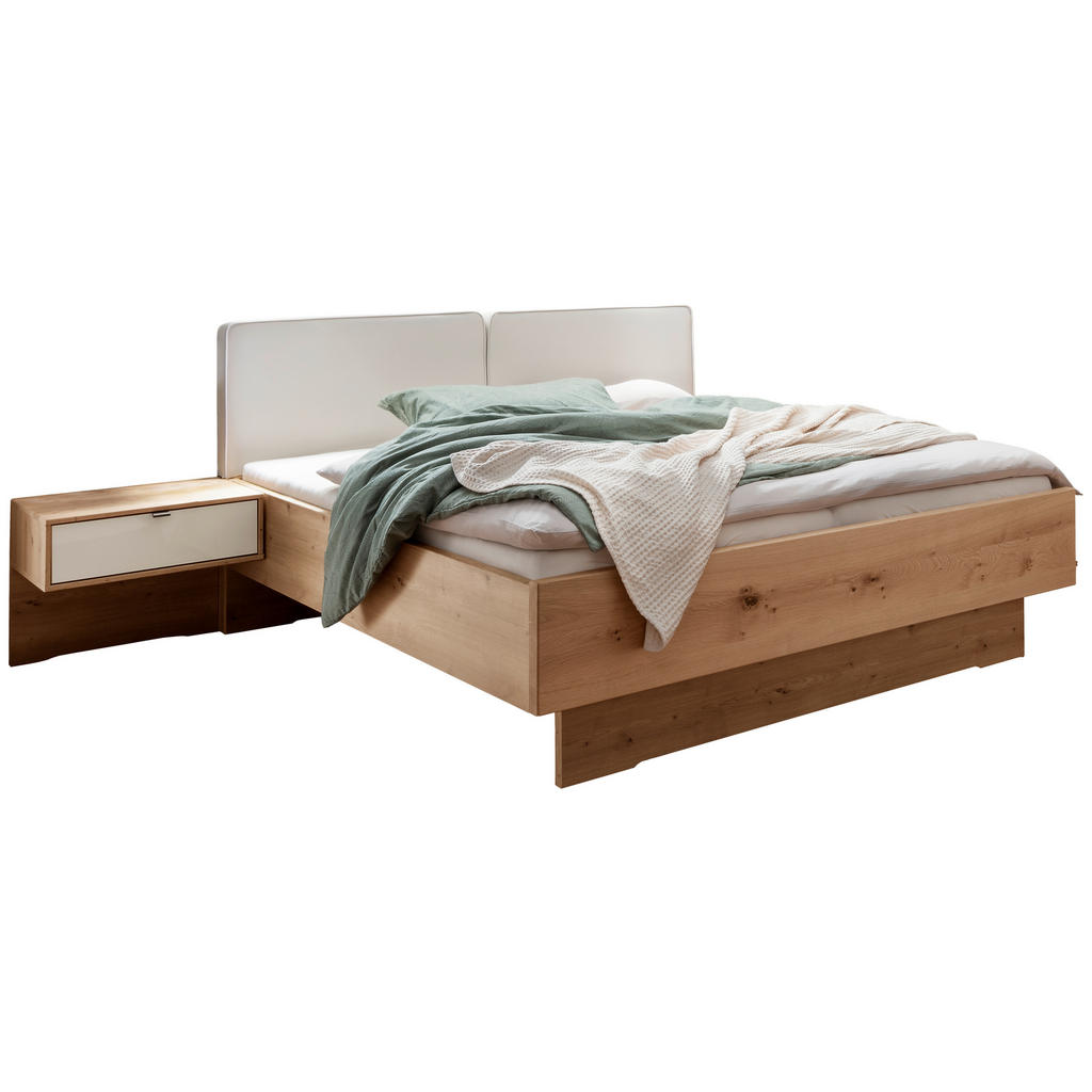 BEDDENSET 180 cm x 200 cm, hout, textiel, houten materiaal, champagnekleur, wit eiken