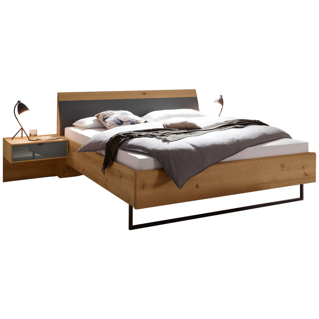 BEDSET 200 cm x 180 cm, hout, houtmateriaal, textiel, glas eikenwit, lavagrijs