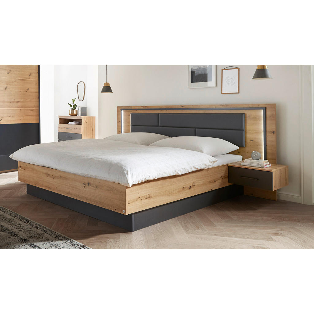 BEDSET 180 cm x 200 cm, textiel, houtmateriaal grijs, ambachtelijk eiken