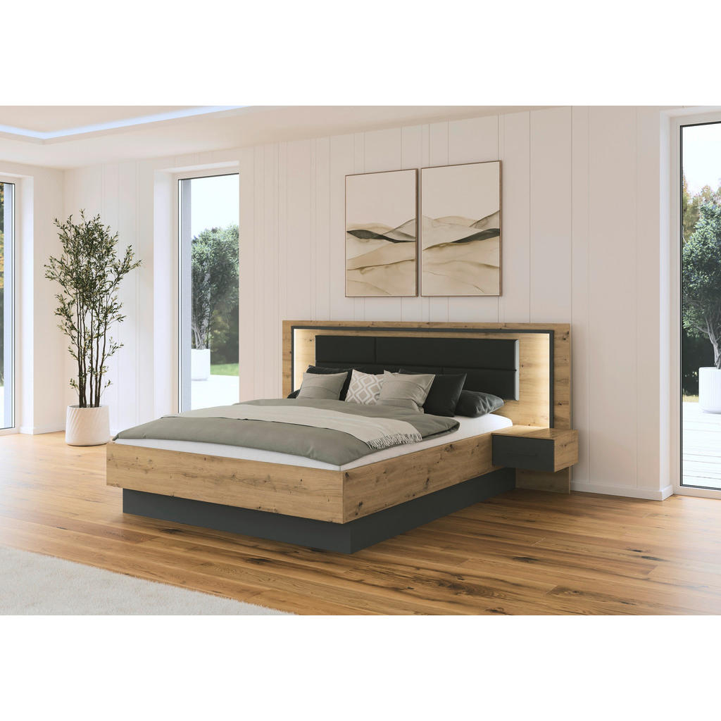 BEDDENSET 160 cm x 200 cm, textiel, houtmateriaal grijs, ambachtelijk eiken