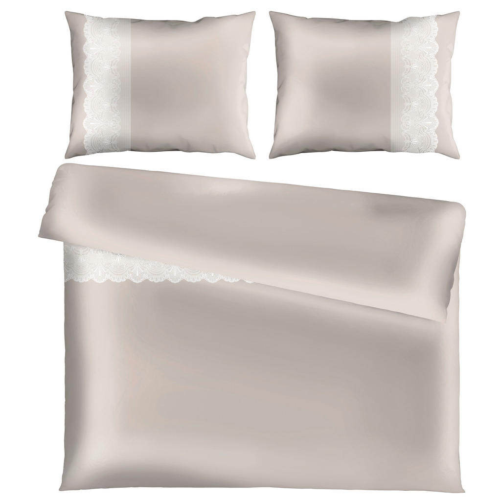 BEDDENGOED DEA satijn, wit kant, beige