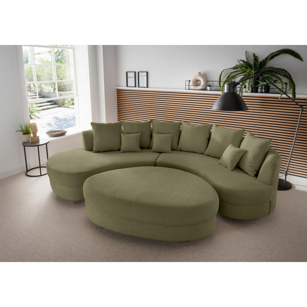 Woonlandschaft incl. Hocker, geribd จamet olijfgroen