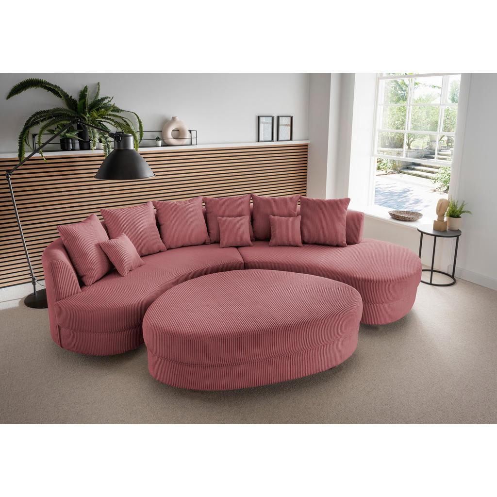 Woonlandschaft incl. Hocker, geribbeld koraalkleurig tapijt