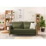 BANK MET BEDFUNCTIE, beukenkleur, olijfgroen hout, textiel thumbnail 2