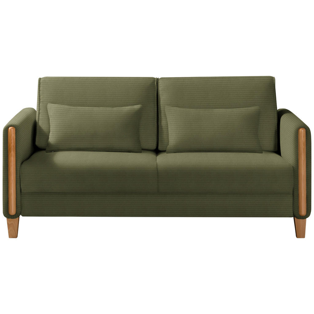 BANK MET BEDFUNCTIE, beukenkleur, olijfgroen hout, textiel
