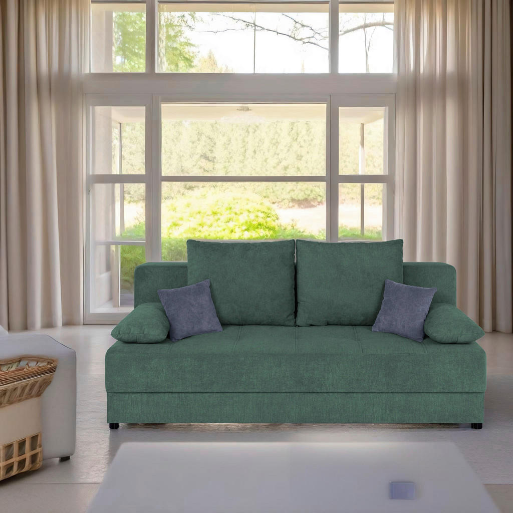 BANK MET BEDFUNCTIE, kerosinekleuren, textiel, houten materiaal