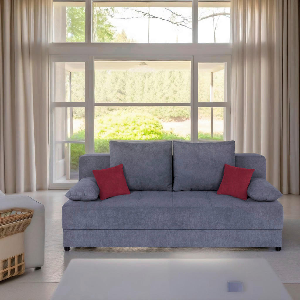 BANK MET BEDFUNCTIE, antraciet textiel, houtmateriaal