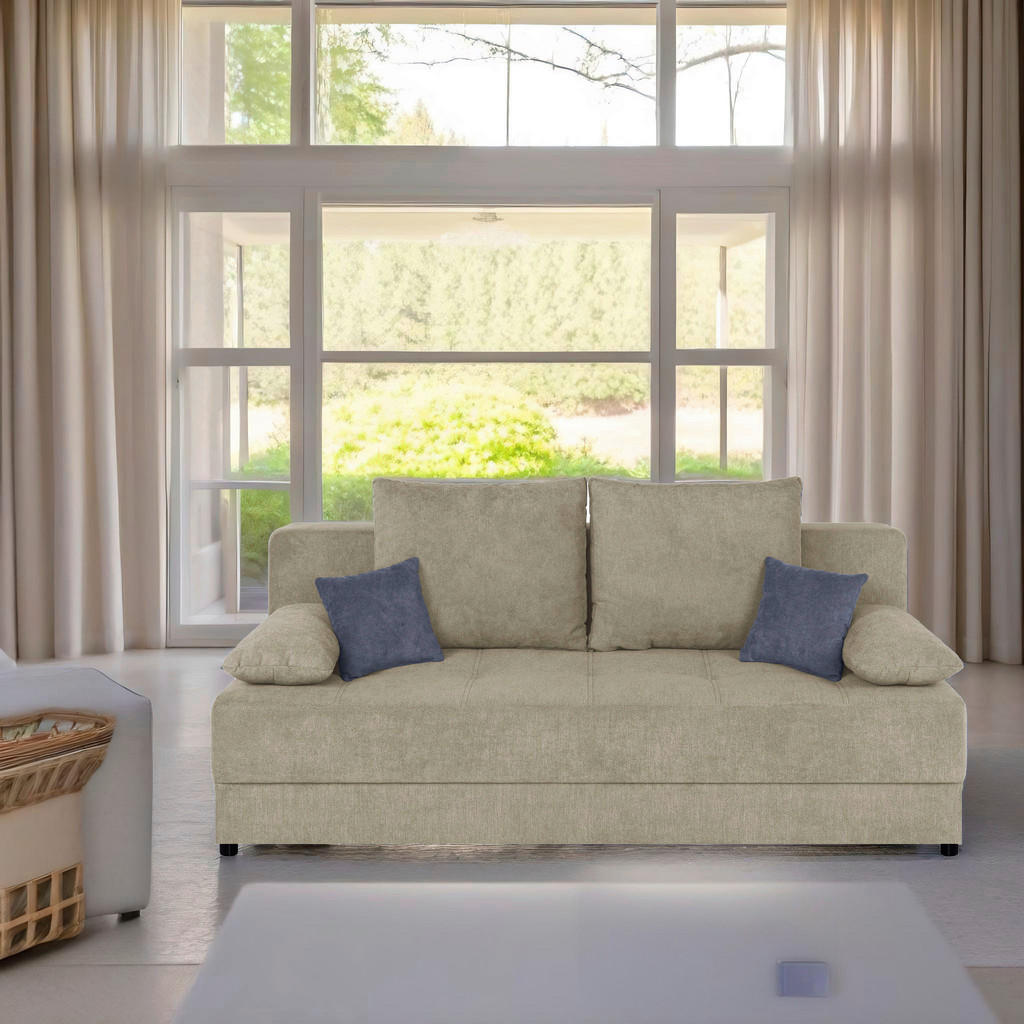 SOFA WITH BED FUNCTION, white textile, wooden material