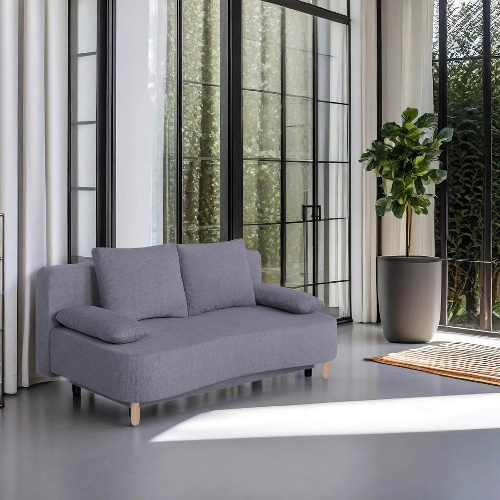 BANK MET BEDFUNCTIE, mokkabruin houtmateriaal, textiel