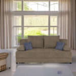 BANK MET BEDFUNCTIE, bruin textiel, houten materiaal thumbnail 1