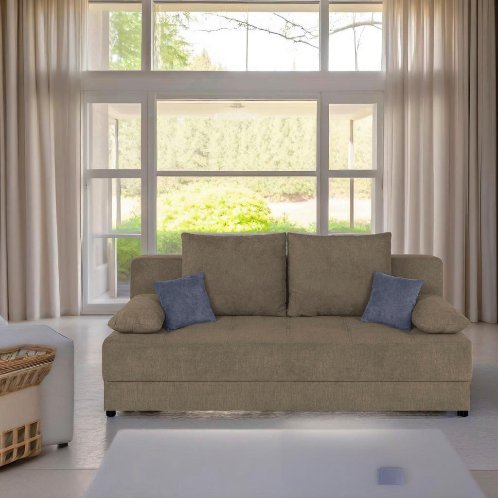 BANK MET BEDFUNCTIE, bruin textiel, houten materiaal