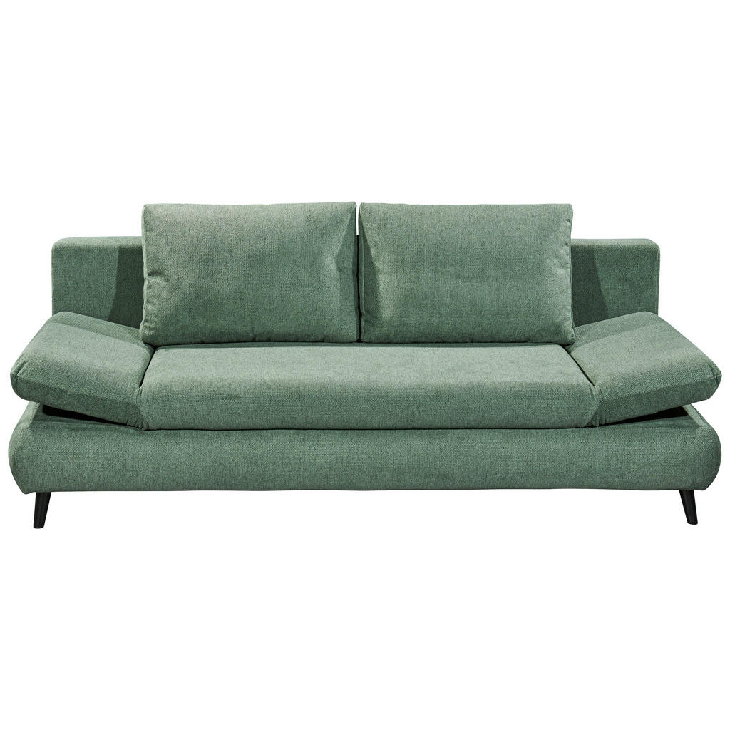 BANK MET BEDFUNCTIE, groen textiel, houten materiaal