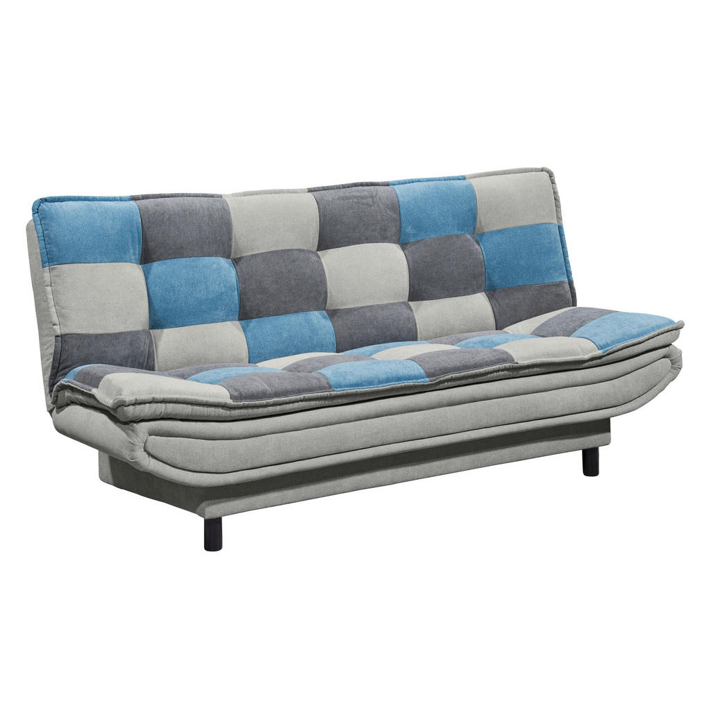 BANK MET BEDFUNCTIE, blauw, vuilbruin, donkergrijs textiel, houten materiaal