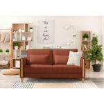 BANK MET BEDFUNCTIE, beukenkleur, gebrand bruin hout, textiel thumbnail 2