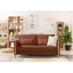 BANK MET BEDFUNCTIE, beukenkleur, gebrand bruin hout, textiel thumbnail 2