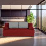 BANK MET BEDFUNCTIE, rood textiel, houten materiaal thumbnail 2