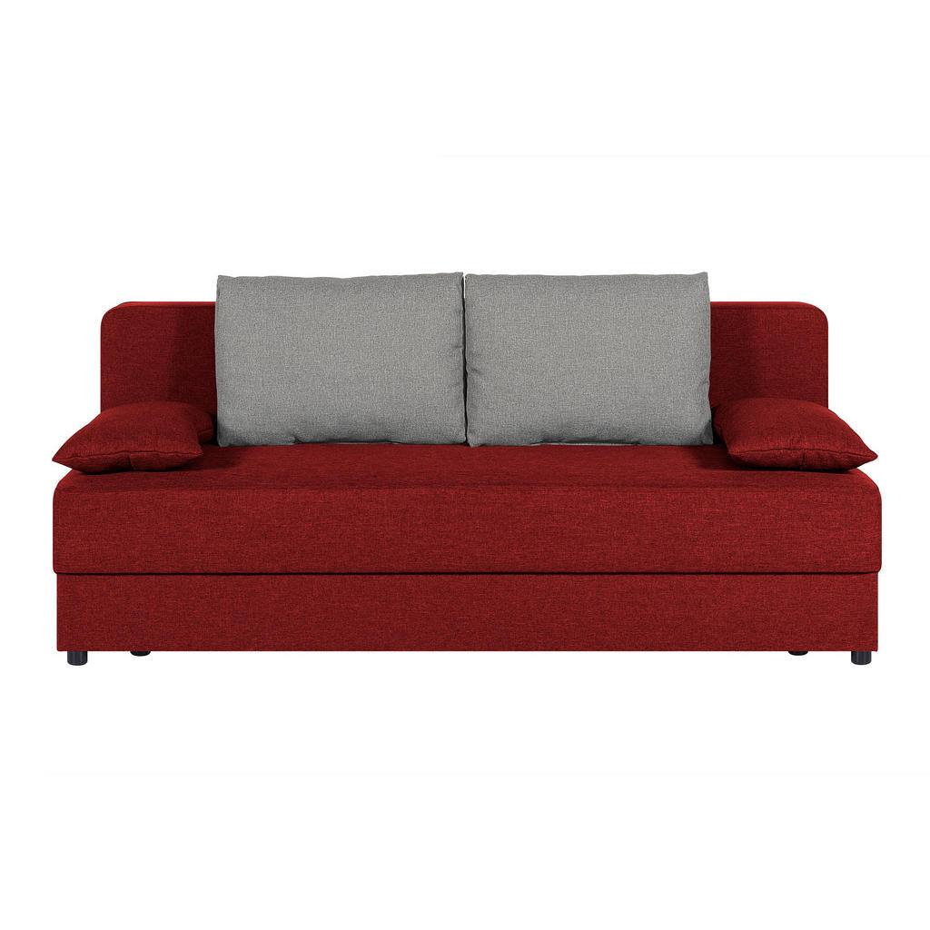 BANK MET BEDFUNCTIE, rood textiel, houten materiaal